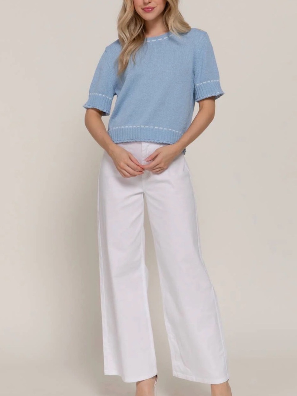 Active USA Bluebell Tee Time Crewneck Sweater with White Stitch Detail